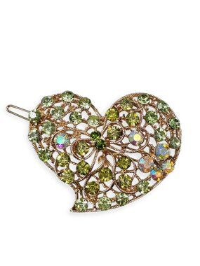 Green Rhinestone Heart Filigree Barrett Aurora Borealis Crystal Hair Jewelry VTG